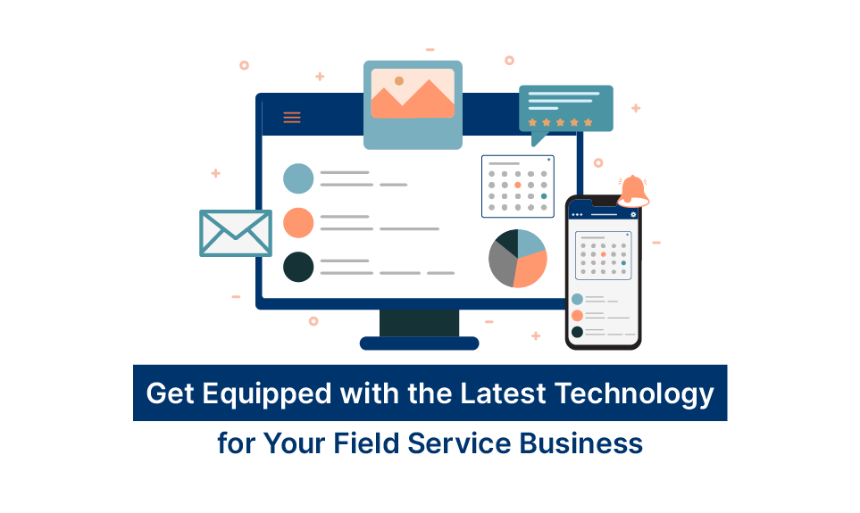 Field service management dashboard showing calendar, email, analytics, mobile scheduling, and customer review notifications