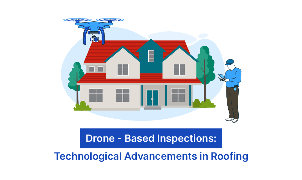 Drone with camera inspecting a residential roof while a technician operates the remote controller