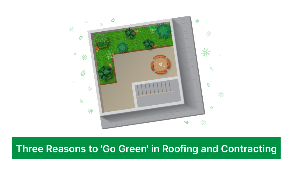 Green rooftop patio with landscaping, outdoor seating, and garden areas viewed from above.