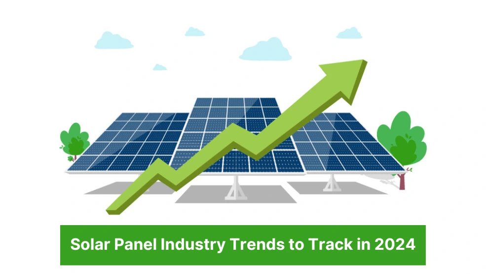 Solar panels with upward trending growth arrow indicating industry expansion in 2024