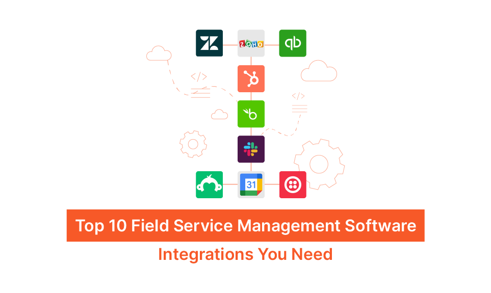 Connected software icons showing integrations for field service management including Zendesk, Zoho, QuickBooks, HubSpot, and Slack