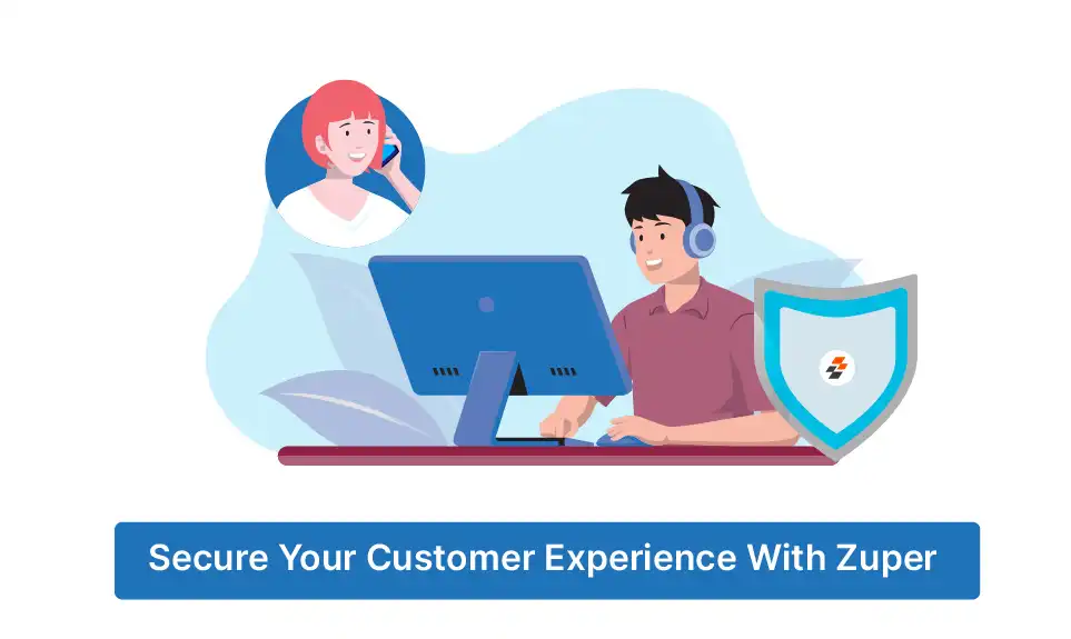 Customer support agent with headset assisting caller, with security shield showing Zuper logo for data protection