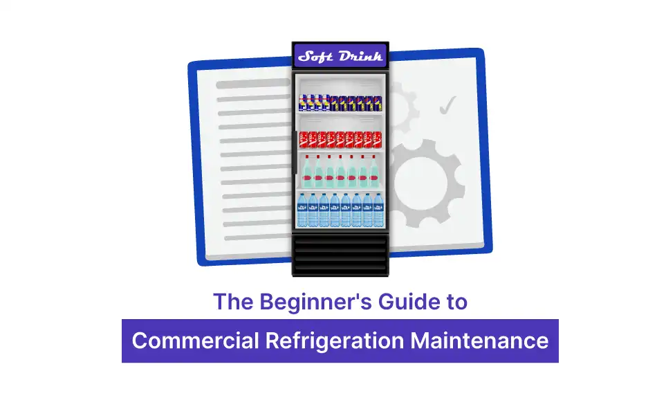Commercial refrigeration display cooler stocked with soft drinks alongside a maintenance checklist and gear icon.