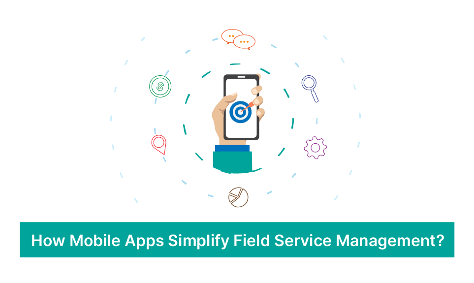 Hand holding smartphone with target icon surrounded by icons for communication, payments, location, search, settings, and analytics