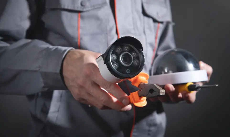 Security technician holding a bullet camera, dome camera, pliers, and screwdriver for CCTV system installation