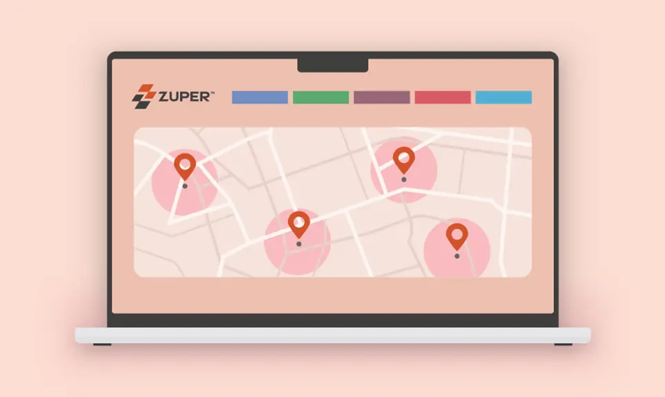 Zuper platform map view showing technician locations with service area coverage zones across a city grid