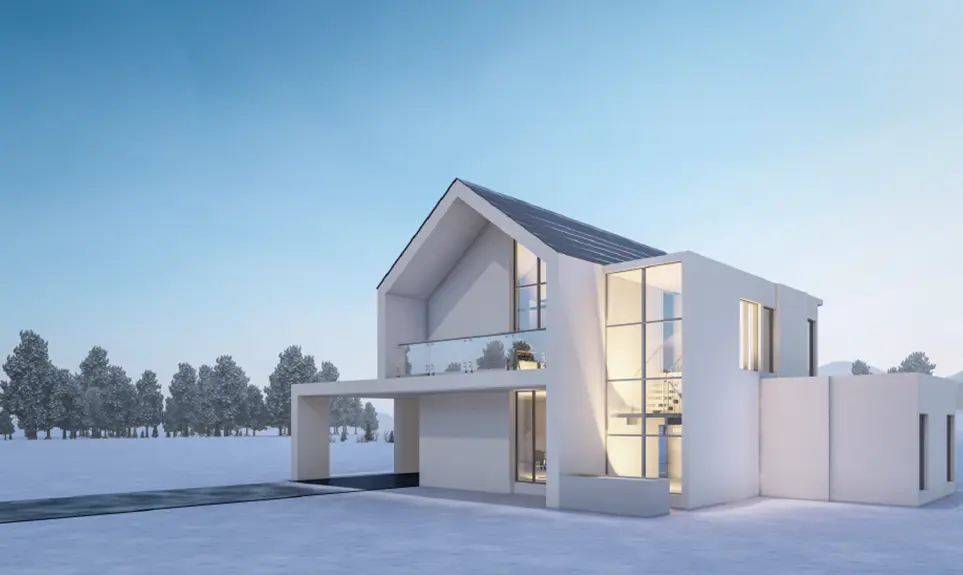 Modern white two-story home with pitched roof, solar panels, large windows, carport, and minimalist architecture in winter setting