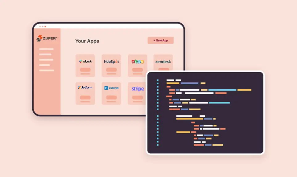 Zuper app marketplace showing integrations with Slack, HubSpot, Zoho, Zendesk, Jotform, Concur, and Stripe alongside code editor
