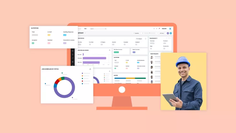 Field service dashboard showing job statistics, scheduling board, quotations status, and donut chart displaying jobs scheduled by status