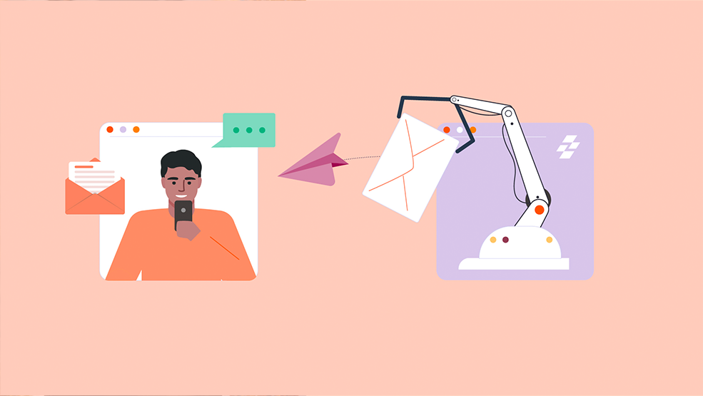 Technician sending message to automated system that processes and responds to customer emails