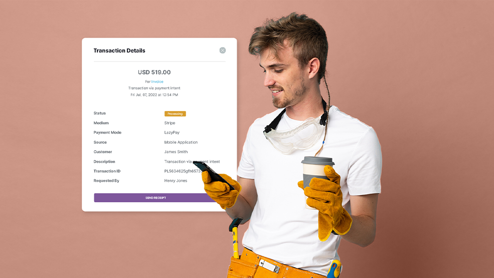 Zuper mobile app transaction details showing $519 payment processing via LazyPay for field service invoice