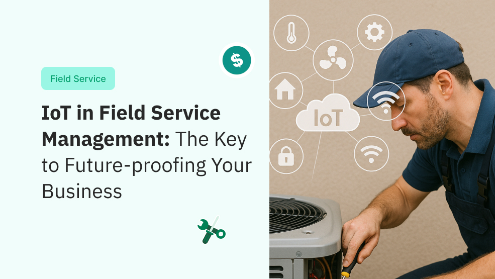 HVAC technician servicing an air conditioning unit with IoT-connected smart home and monitoring icons