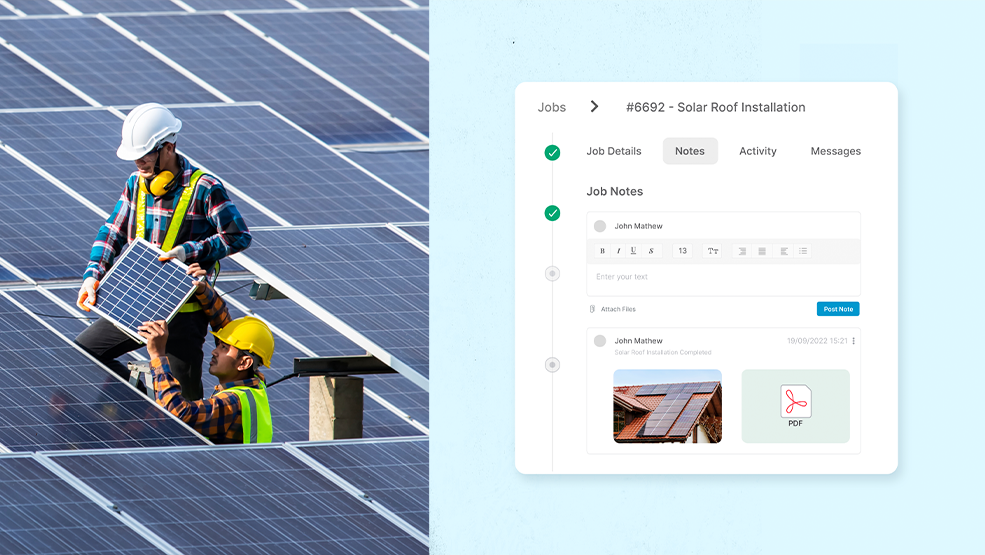 Roofing technicians installing solar panels with Zuper job notes interface showing completed installation documentation