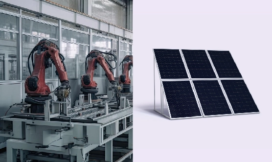 Industrial robotic arms in a manufacturing facility alongside a solar panel array for renewable energy systems