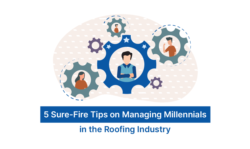 Interlocking gears with people icons representing millennial workforce collaboration in the roofing industry