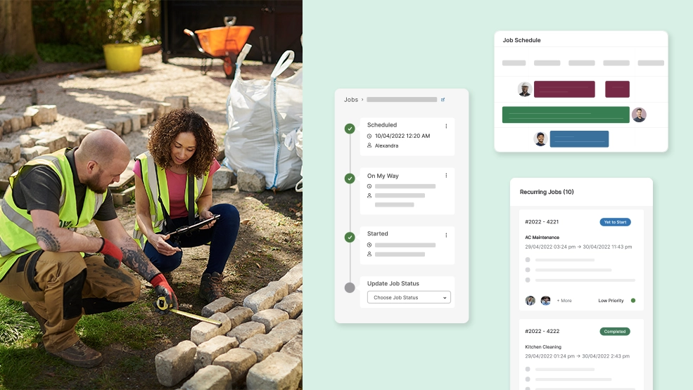 Field technicians reviewing job details on tablet while installing stone edging, with scheduling and job status software interface displayed