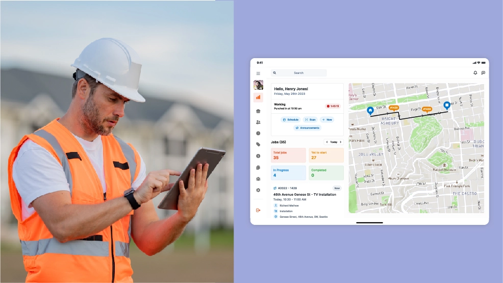 Field technician in hard hat and safety vest using tablet to view job dashboard with schedule, status metrics, and map