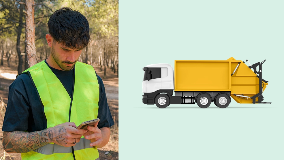 Field service technician in safety vest checking mobile phone, with yellow roll-off truck illustration