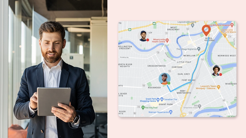 Manager tracking field technician locations in real time on a GPS-enabled dispatch map