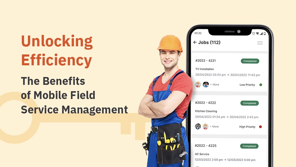 Field technician with hard hat beside mobile app showing job list with TV installation, kitchen cleaning, and AC service tasks marked completed