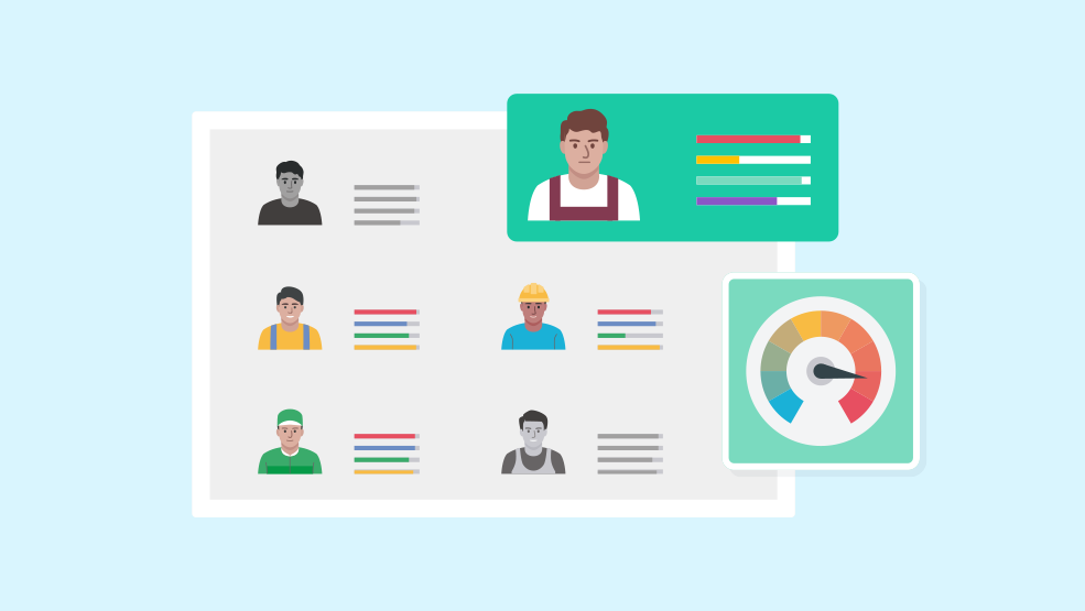 Workforce dashboard showing employee profiles with skill ratings and performance metrics gauge