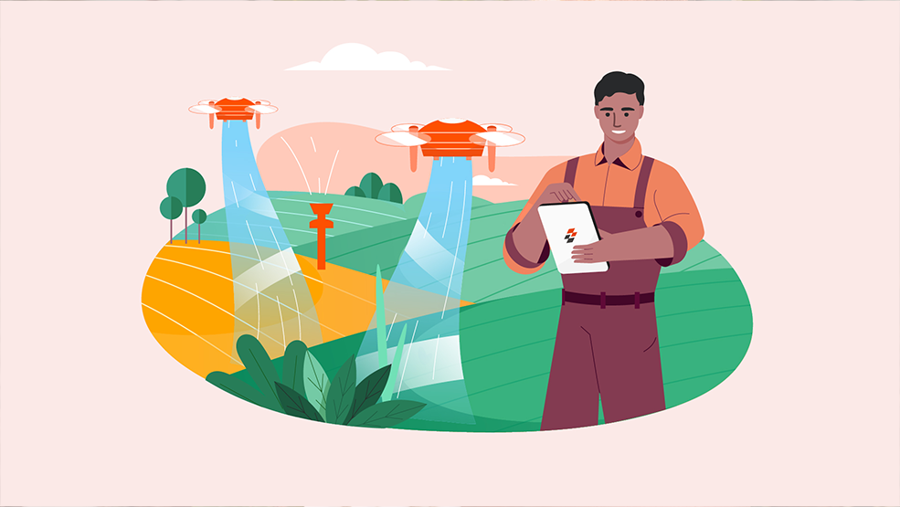 Farmer using tablet to control agricultural drones irrigating crops in field