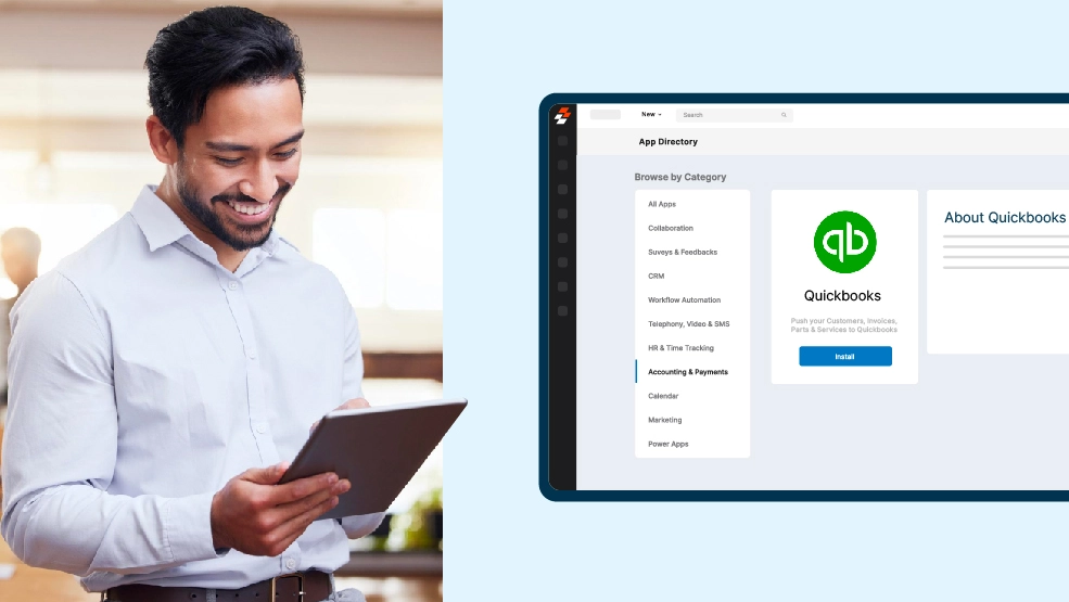 Smiling professional using tablet beside Zuper App Directory showing QuickBooks integration in Accounting & Payments category