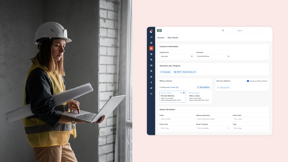 Contractor in hard hat reviewing quote creation screen with customer details and billing address fields