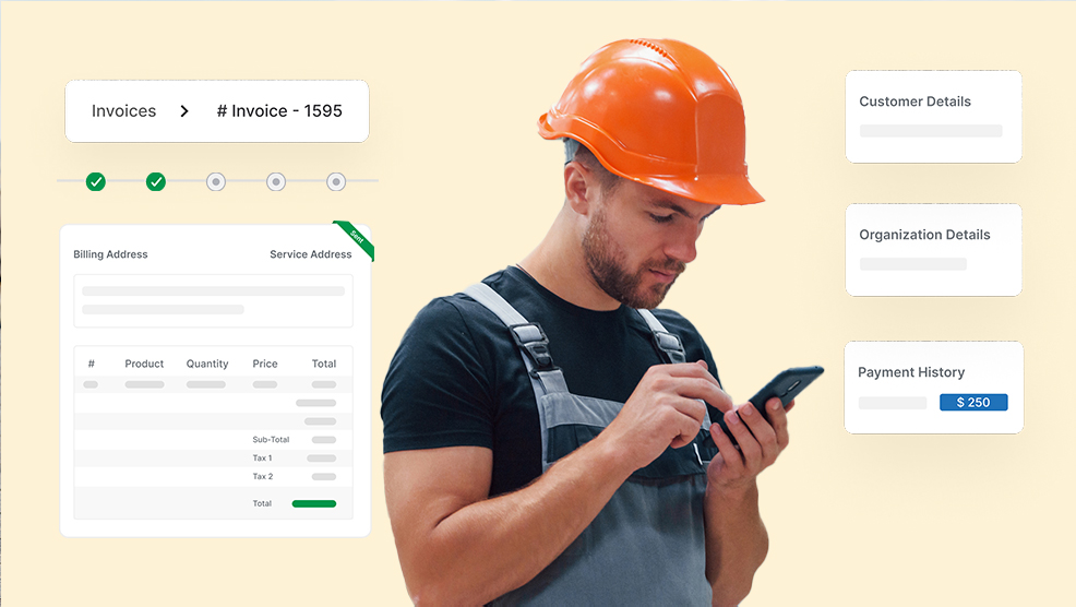 Construction worker in hard hat reviewing invoice details on mobile phone with billing and payment screens