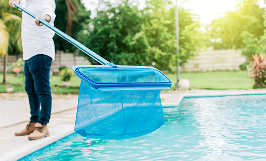 Pool service technician using a skimmer net to clean debris from a residential swimming pool