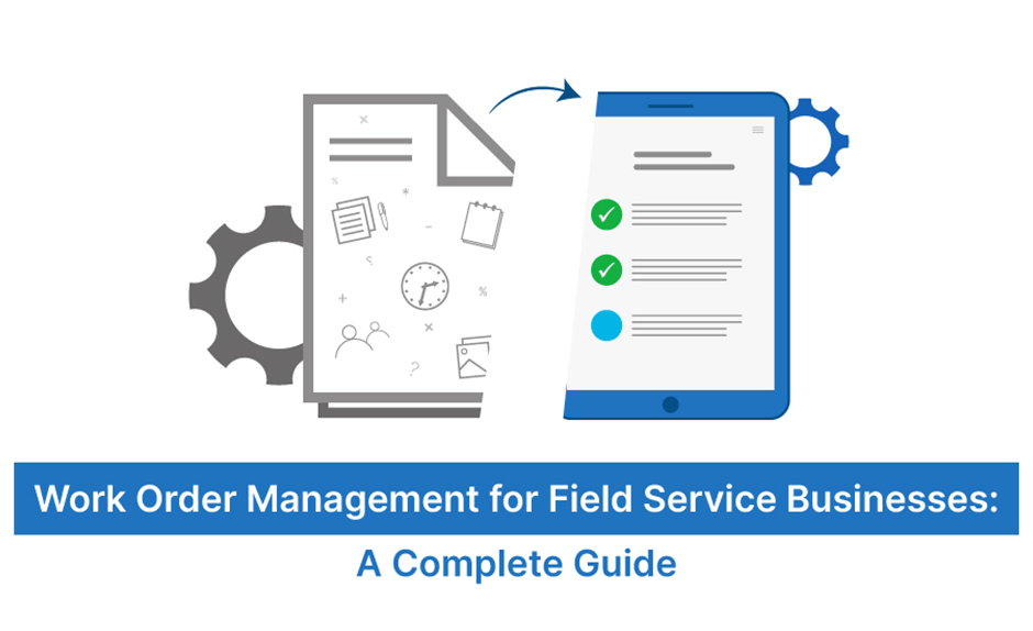 Digital documents with icons transforming into a mobile checklist app for field service work order management