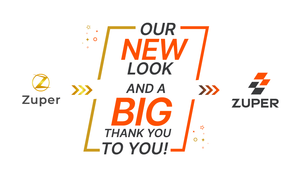 Zuper logo rebrand showing old gold Z icon transitioning to new orange and black angular logo design
