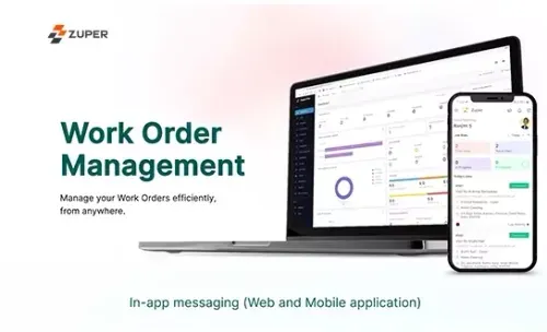 Zuper work order management dashboard on laptop and mobile showing in-app messaging for field teams