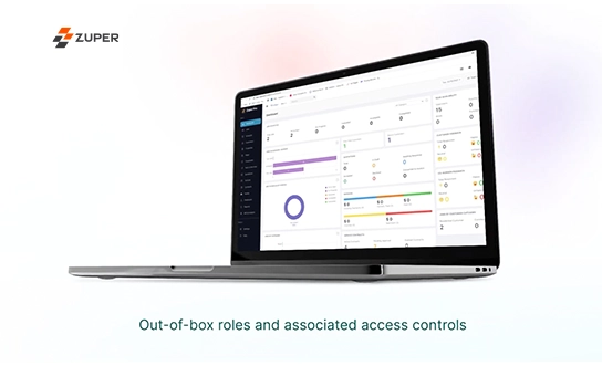 Zuper dashboard displaying out-of-box user roles and access control settings with permissions overview