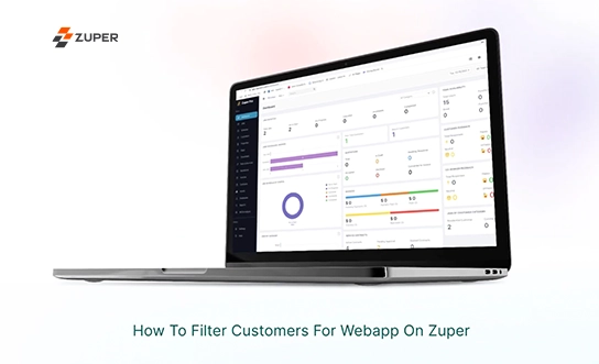 Zuper dashboard showing customer filtering options with analytics charts and job status overview