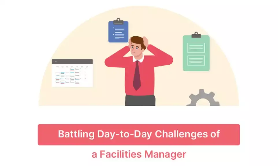 Stressed facilities manager overwhelmed by schedules, checklists, and maintenance tasks