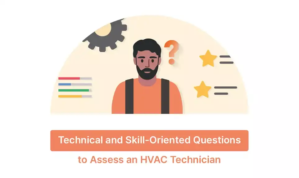 Illustrated HVAC technician with question mark, gears, and rating stars representing skill assessment criteria