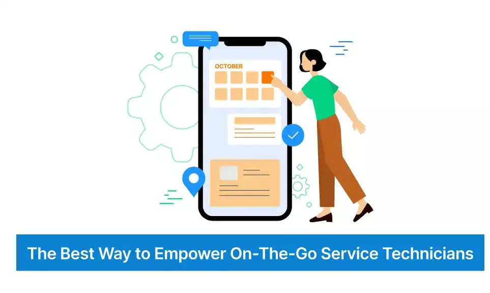Mobile app calendar view with October schedule, task details, and location tracking for field service technicians