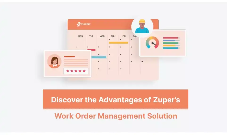 Zuper calendar interface showing weekly job scheduling with technician profiles and performance metrics