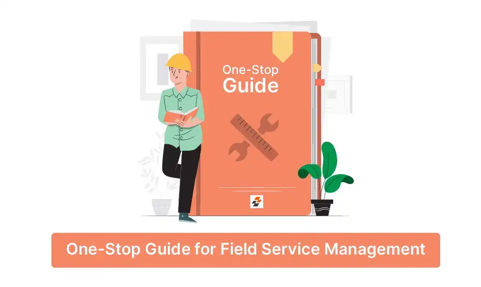 Field service technician holding clipboard beside orange guidebook with wrench and ruler icons
