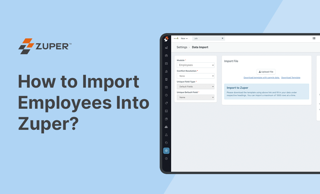 Zuper data import screen showing employee module settings with file upload and conflict resolution options