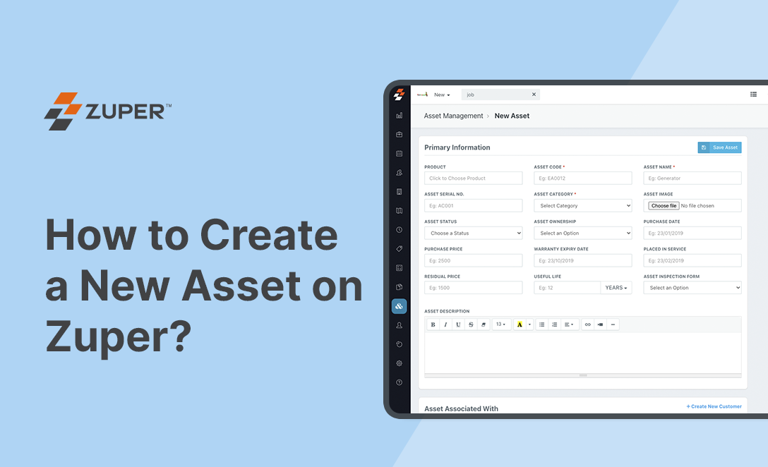 Zuper asset management form showing fields for product details, purchase price, warranty, and useful life