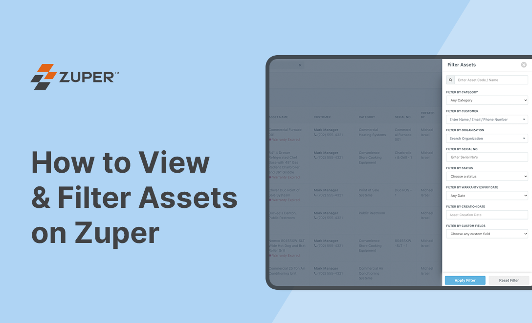 Zuper asset management filter panel showing options to sort by category, customer, serial number, status, and warranty date