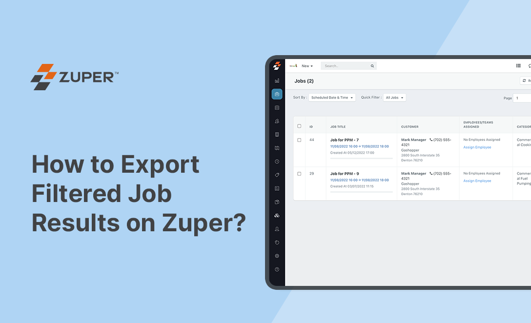 Zuper Jobs list view showing filtered results with job titles, customer details, and employee assignment status