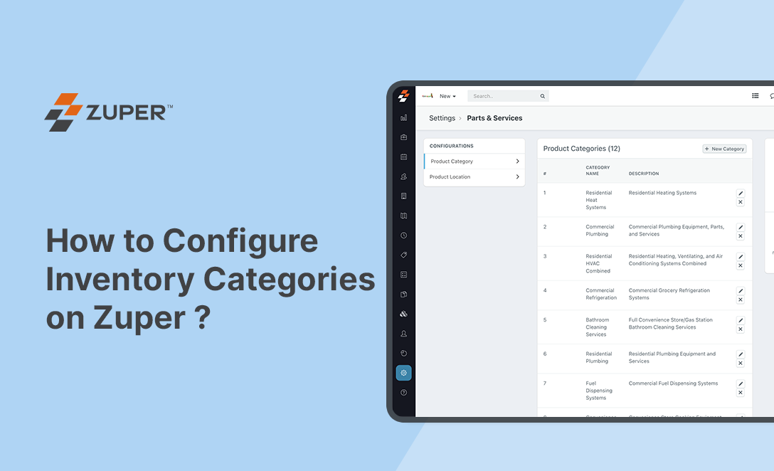 Zuper settings screen showing product categories list for parts and services inventory configuration