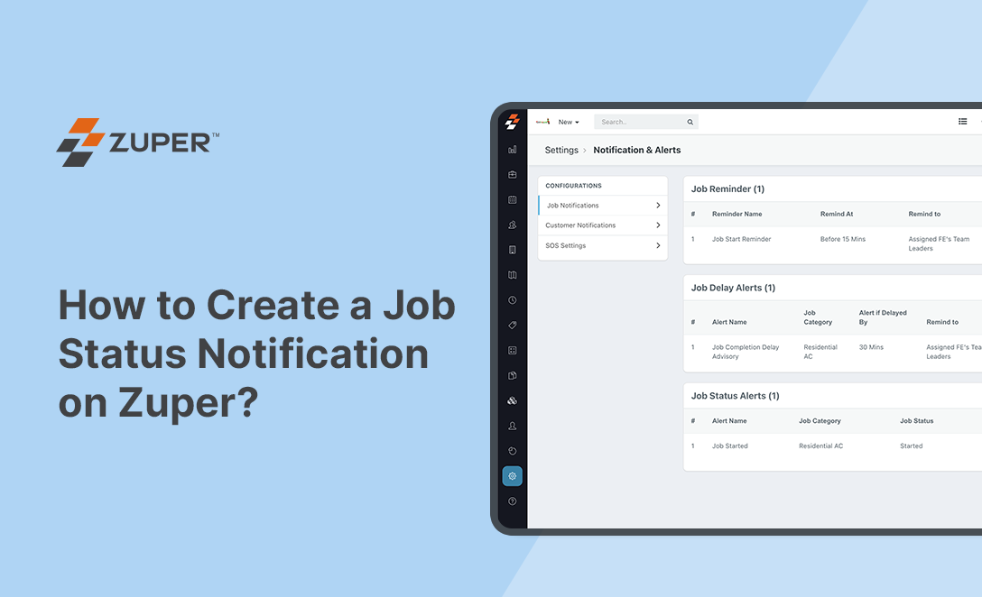 Zuper settings panel showing job status alerts configuration for residential AC with notification and reminder options