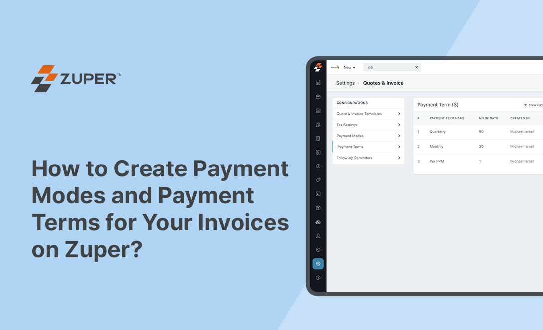 Zuper settings panel showing Payment Terms configuration with quarterly, monthly, and per-PPM billing options