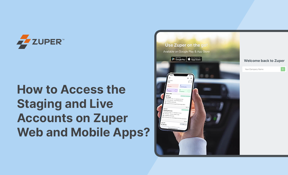Zuper login screen showing mobile app with job list and web portal welcome page for field service management