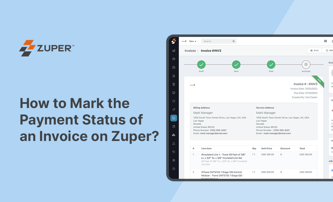 Zuper invoice screen showing payment status workflow with Draft, Sent, Paid, and Archived stages for tracking