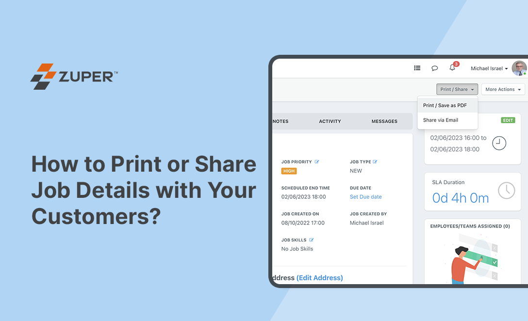 Zuper job details screen showing Print/Share dropdown with options to save as PDF or share via email